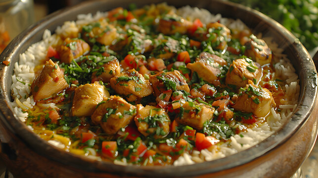 Top view of chicken mandi, national dish of Saudi Arabia, chicken kabasa with rice mandi,