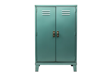 A Vintage Green Metal Cabinet With Brass Handles Stands Against a White Background on a Clear PNG or White Background.