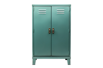 A Vintage Green Metal Cabinet With Brass Handles Stands Against a White Background on a Clear PNG or White Background.