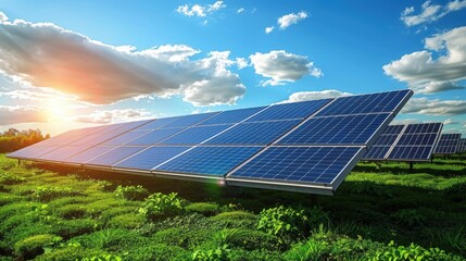 Solar Panels in a Green Field with Bright Sunlight and Blue Sky - Renewable Energy and Sustainable Technology Concept