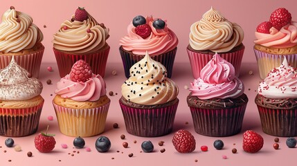 vector. illustration, Seamless pattern with doodle-style cupcakes. Different cupcakes with different fillings and toppings. Colorful vector illustration on pink background