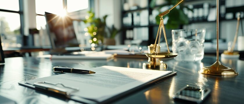 Creative Law Lawyer Desk with Legal Documents on Stylish Graphic Background