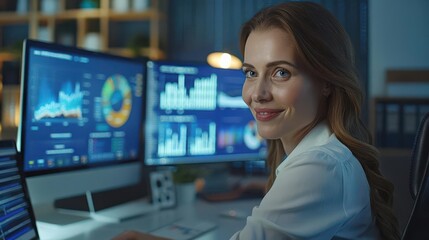 Confident businesswoman working late at night in a well-lit office, analyzing data on multiple computer monitors.