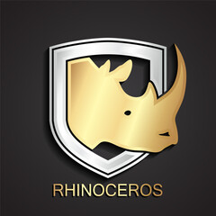 3d gold rhinoceros silver shield stylized heraldry logo