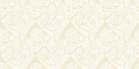 Modern white on cream lace effect wedding border texture. Soft tonal linen openwork block print with subtle hand drawn lattice damask printed fabric banner edge trim. 