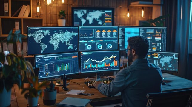 A businessman working at his desk surrounded by multiple monitors displaying graphs and data.
