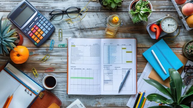 A flat lay of a wooden desk with an open planner, a calculator, coffee, and fruit. - Powered by Adobe