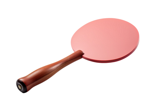 A Wooden-Handled, Pink Paddle Ready For A Game of Table Tennis on a Clear PNG or White Background.