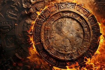Naklejka premium Mayan Calendar Stone Burning Flames
