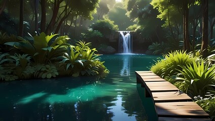 Tropical waterfall ||  Lake with Wooden Pier in the Forest || AI Generated