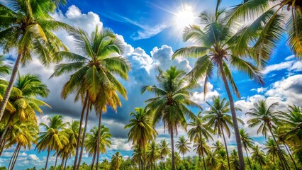 Sun shining through palm trees on tropical island paradise