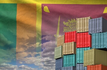 Sri Lanka flag and big stack of shipping cargo containers in docks with sky background close up