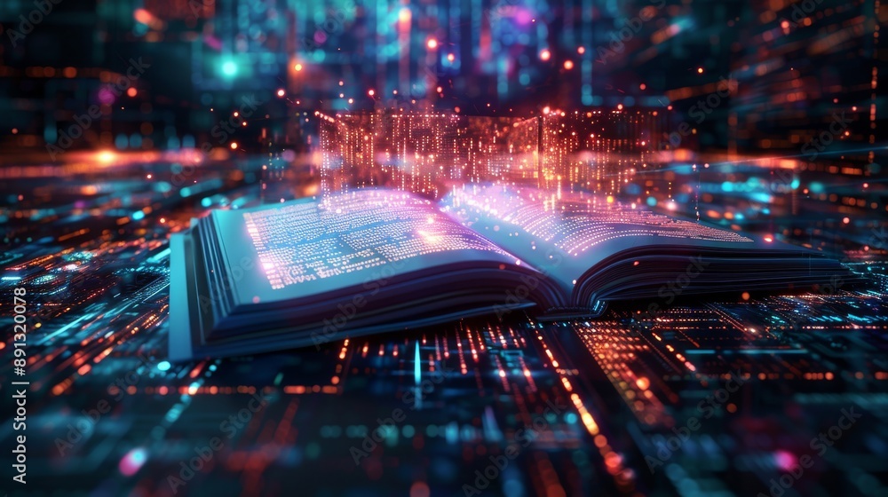 Poster sleek digital book interface on a tablet, surrounded by holographic and neon futuristic elements gen