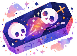 Obraz premium classic and cute halloween coffin ghost death dead skull skeleton watercolor texture isolated spooky fantasy for kids clipart