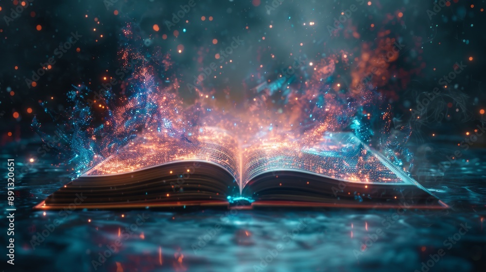 Poster digital learning book on a modern device, with advanced tech visuals and a sci-fi environment genera