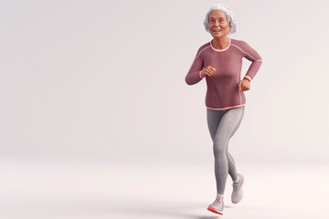 Animated elderly woman jogging in a pink outfit, symbolizing health and happiness in senior fitness. Concept for active ageing, healthy lifestyle, and Grandparent's Day