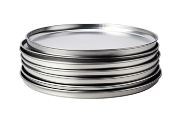 A Stack of Shiny Silver Pizza Pans Ready for Baking on a Clear PNG or White Background.