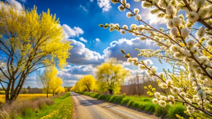 Obraz premium Countryside road surrounded by blooming trees in spring