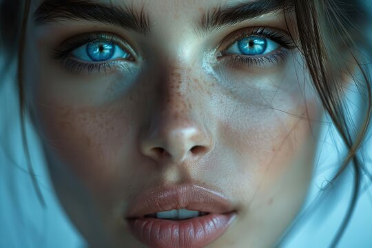 Close-up portrait of a woman with piercing blue eyes and a hint of a mysterious past.
