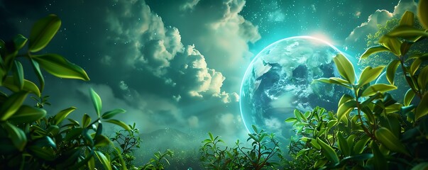 Under a magnificent cloudy sky a glowing blue globe is surrounded by flourishing green plants embodying the essence of preserving nature and promoting a sustainable lifestyle for a healthier planet