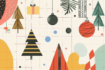 Bauhaus inspired festive pattern with abstract Christmas trees a