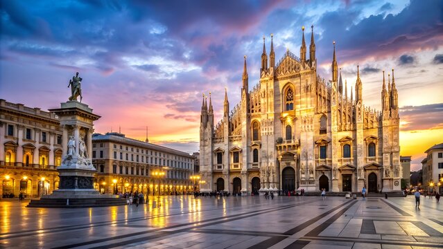 Duomo square with statue of king victor emmanuel ii at sunset in milan