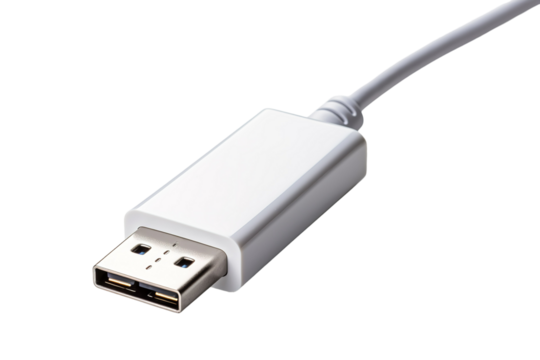 A Close-Up View of a White DisplayPort Cable Connector on a Clear PNG or White Background.