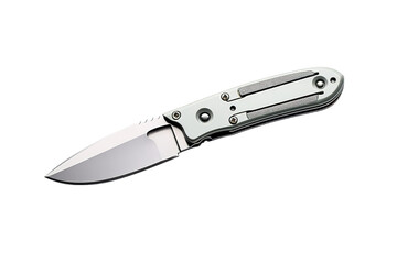 A Sleek, Silver Folding Knife With a Partially Opened Blade Against a Pristine White Background on a Clear PNG or White Background.