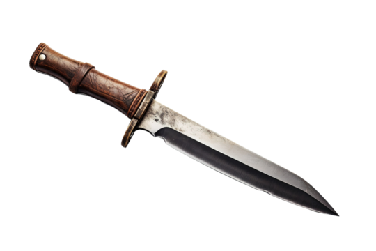 A Worn Leather And Steel Dagger Lies Still Against A White Background on a Clear PNG or White Background.