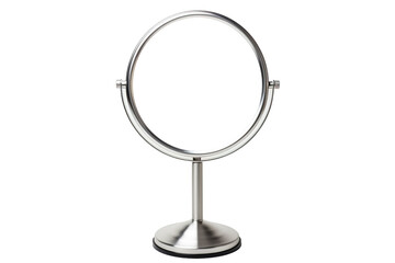 A Circular Reflection of Beauty in a Stainless Steel Vanity Mirror on a Clear PNG or White Background.