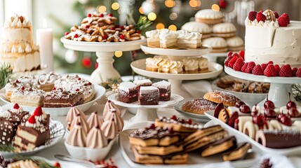 Dessert table with an assortment of cakes, cookies, and pastries.