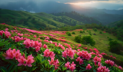 Fototapeta premium Vivid pink flowers blooming in a lush green hillside vista