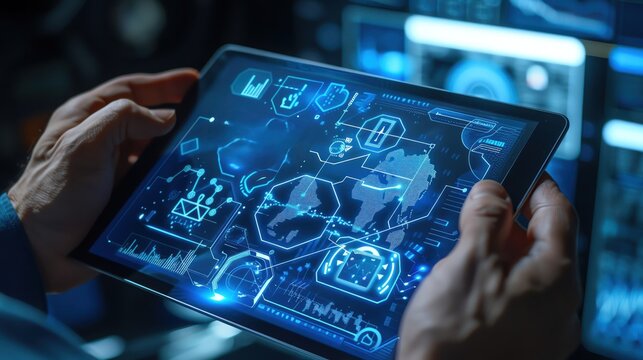 A close-up of a hand holding a tablet with "Digital Transformation" displayed on the screen in a futuristic tech background