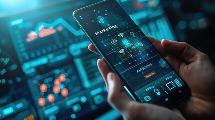 A hand holding a smartphone showing "Marketing Automation" analytics with a high-tech background