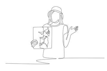 Woman holding world map. World map concept one-line drawing