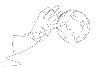 Hands gripping the earth. World map concept one-line drawing