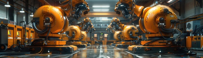 Fototapeta premium Industrial robots in a factory assembly line, showcasing modern automation technology and advanced manufacturing processes.