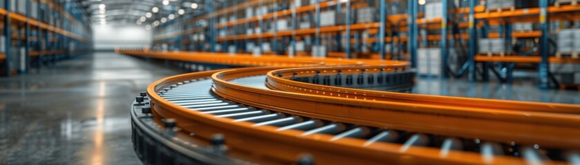Industrial warehouse with conveyor belt. Shelves stacked with goods, representing efficient logistics and automation in modern storage facilities.