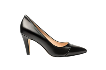 Classic Black Leather Heels With Pointed Toe and Slim Heel on a Clear PNG or White Background.