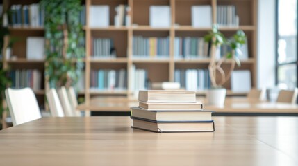 Stack of Books on a Table in a Library