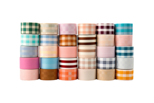 A Colorful Collection of Gingham Ribbon Spools Arranged in a Row on a Clear PNG or White Background.