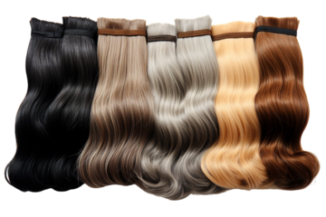A Rainbow of Hair Extensions: Soft, Silky Strands Ready for Styling on a Clear PNG or White Background.