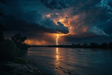 A powerful lightning bolt illuminates the dramatic night sky as it strikes over a calm river, creating a stunning contrast between the bright lightning and dark clouds.