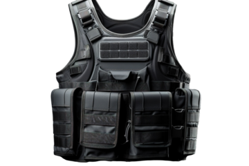 A Tactical Vest Ready for Action: A Black and Grey Armor-Plated Vest With Utility Pockets on a Clear PNG or White Background.