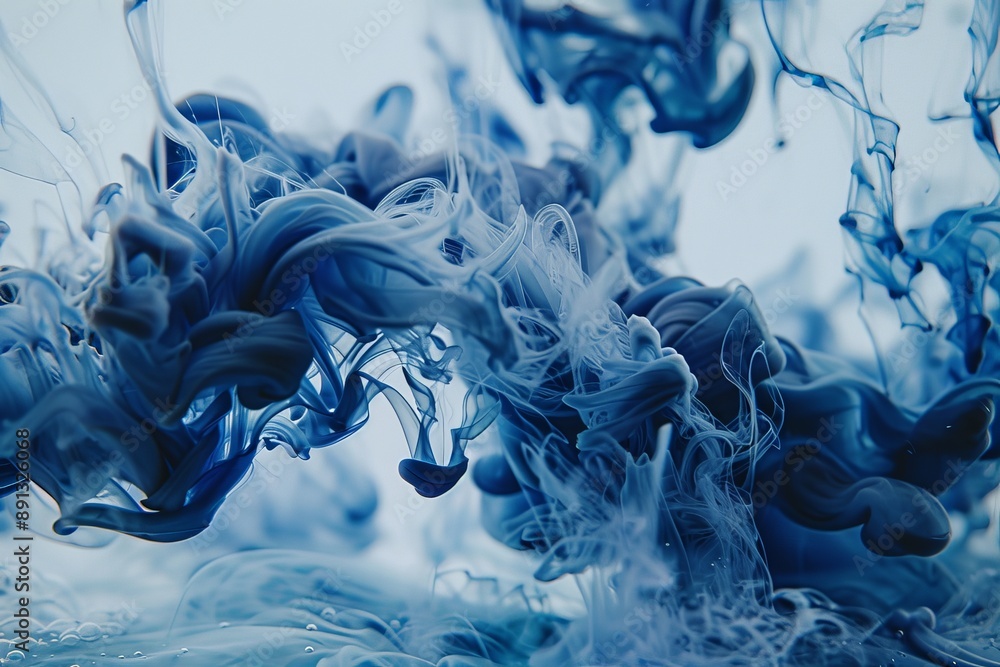 Poster A mesmerizing abstract image of blue and white liquids mixing in water, creating intricate swirling patterns and a sense of dynamic motion, evoking feelings of fluidity and creativity.