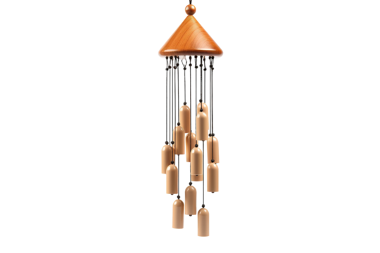 A Wooden Wind Chime With a Conical Top and Numerous Bells Hanging From Black Strings on a Clear PNG or White Background.