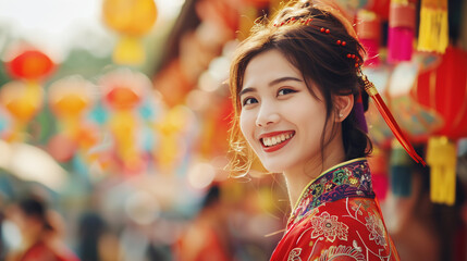 Fototapeta premium A smiling Asian woman in traditional attire performing a cultural dance in an outdoor festival setting.