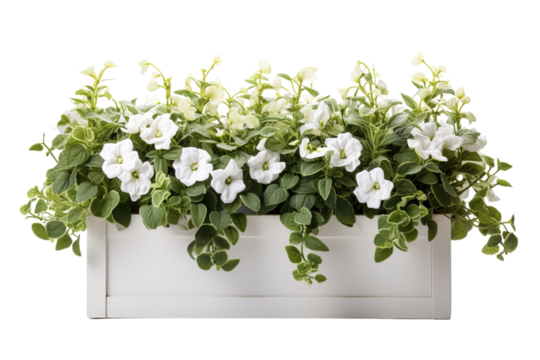 A Tranquil Window Box Overflowing With Delicate White Petunias on a Clear PNG or White Background.
