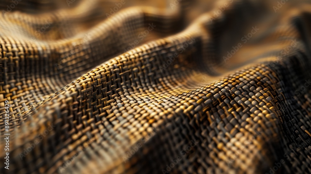 Poster a folded piece of cloth displaying a black and amber woven pattern with detailed texture, highlighti