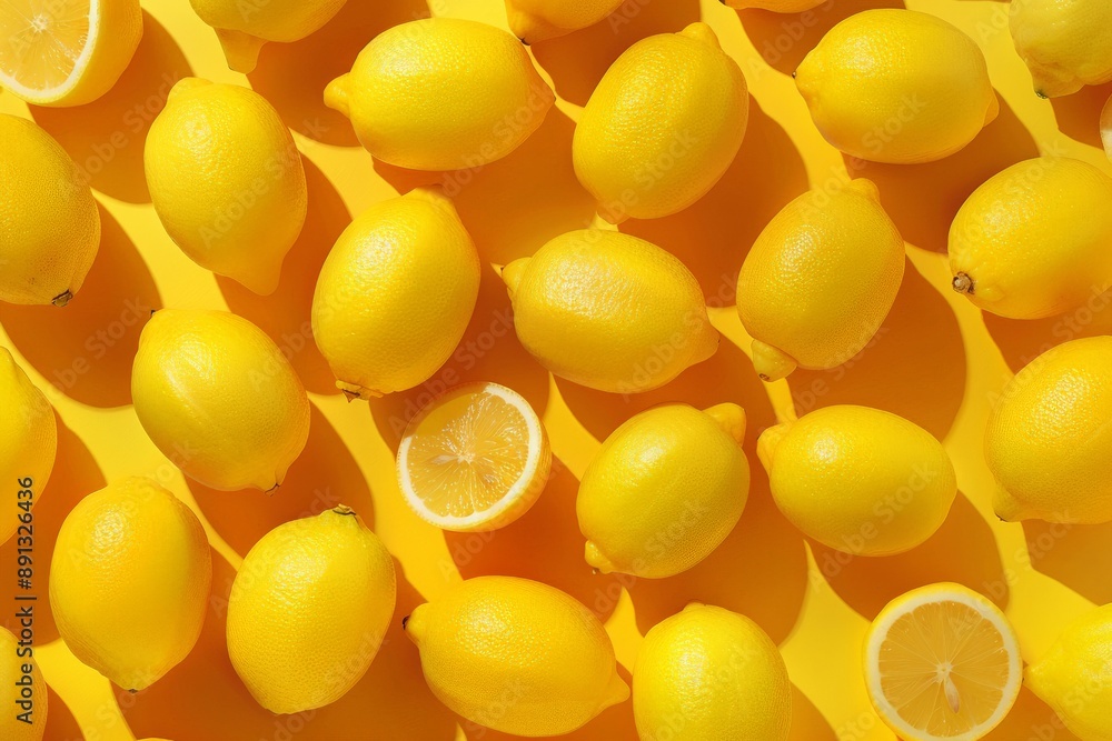 Poster Whole and halved lemons arranged on a bright yellow background, emphasizing their freshness and vivid color, ideal for use in food-related designs or ads.